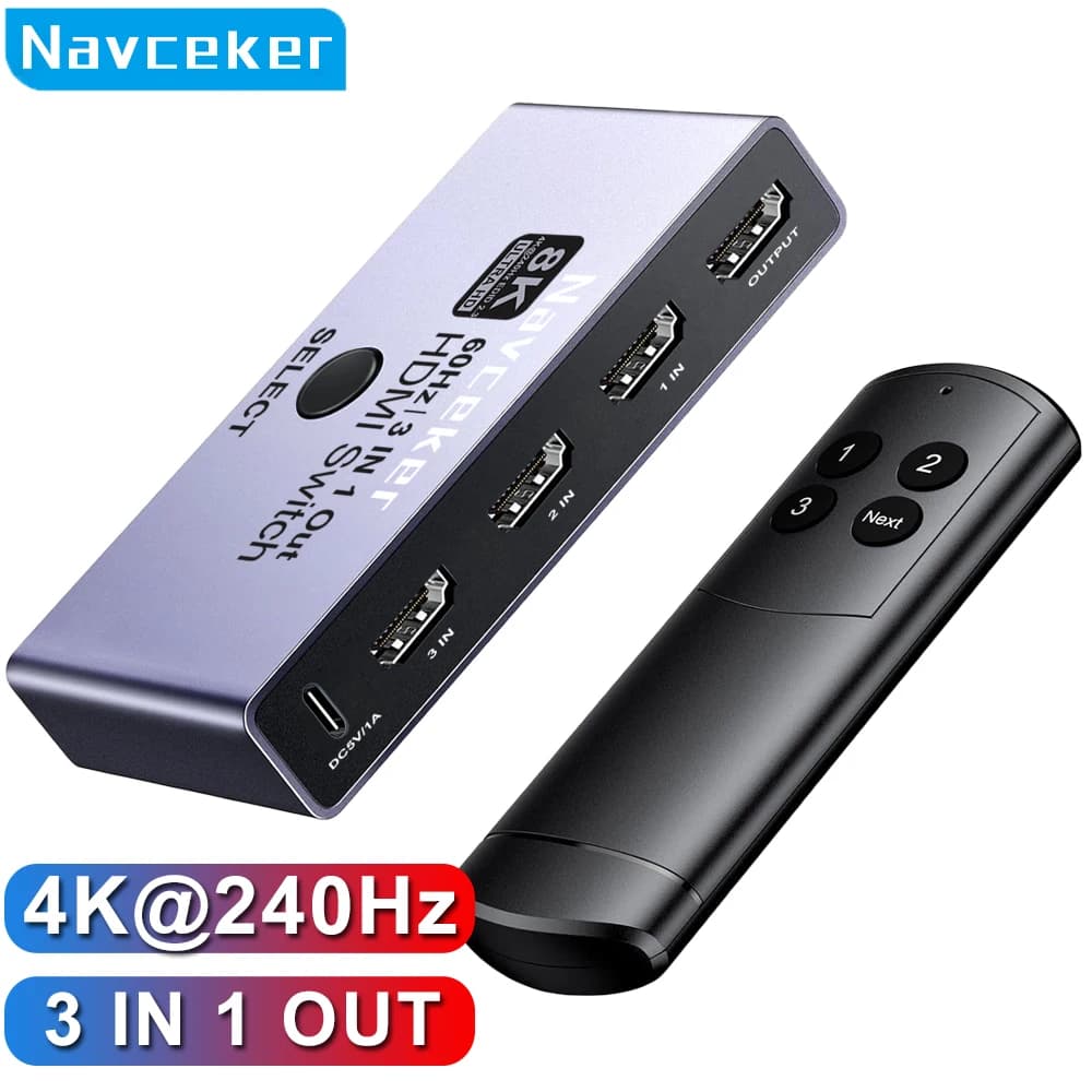 Navceker Switcher HDMI 2.1 8K 4K 240Hz 3 Ingressi 1 Uscita Splitter HDMI 3x1 con Telecomando per Laptop PC PS5 Monitor Xbox TV