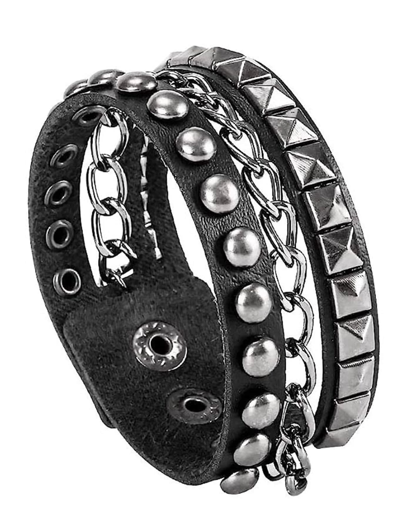 Punk-style leather cuff bracelet with gothic rock design and metal chain detail
