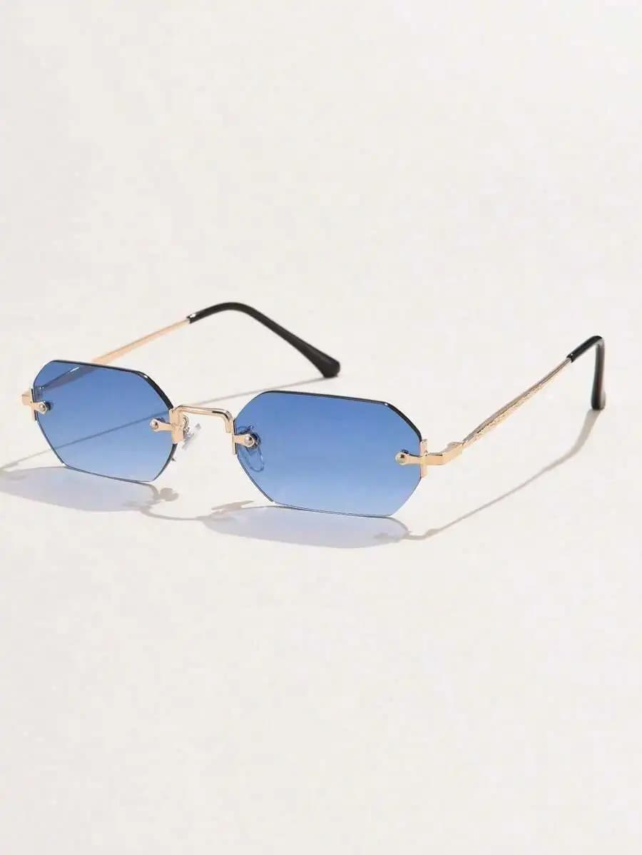 Occhiali da sole da uomo alla moda senza montatura con lenti sfumate blu e montatura in metallo color oro