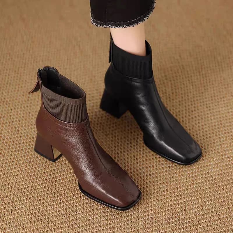 2025 Stivali da donna di media lunghezza Autunno Nuovo punta quadrata Tacco alto Patchwork Stivale elastico Stivale corto in pelle PU antiscivolo