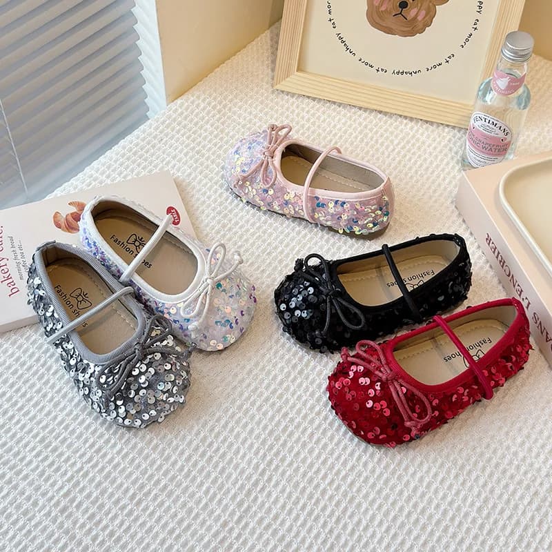Scarpe basse stile Chanel per bambine - Scarpe da principessa coreane primavera autunno con paillettes e suola morbida per ragazze