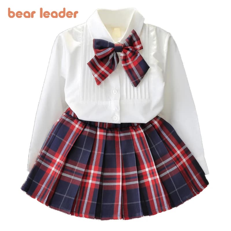 Orso Leader Girl Dress Nuovi abiti da principessa Uniformi di classe Bambini Ragazze T-shirt con fiocco + Abito scozzese Costume per bambini Abbigliamento 2 pezzi