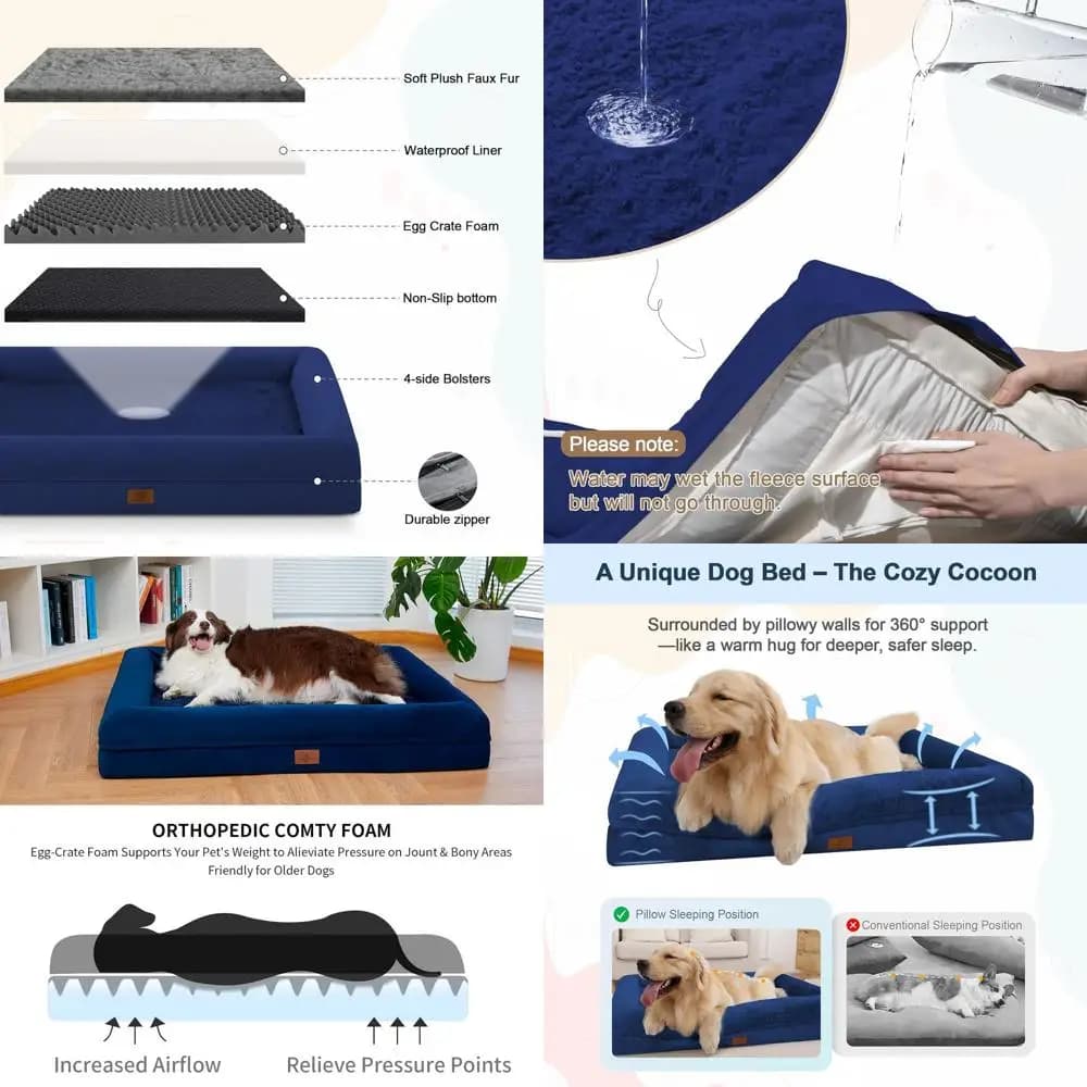 Letto impermeabile ortopedico per cani di grandi dimensioni con cuscino rimovibile, lavabile e base antiscivolo, blu