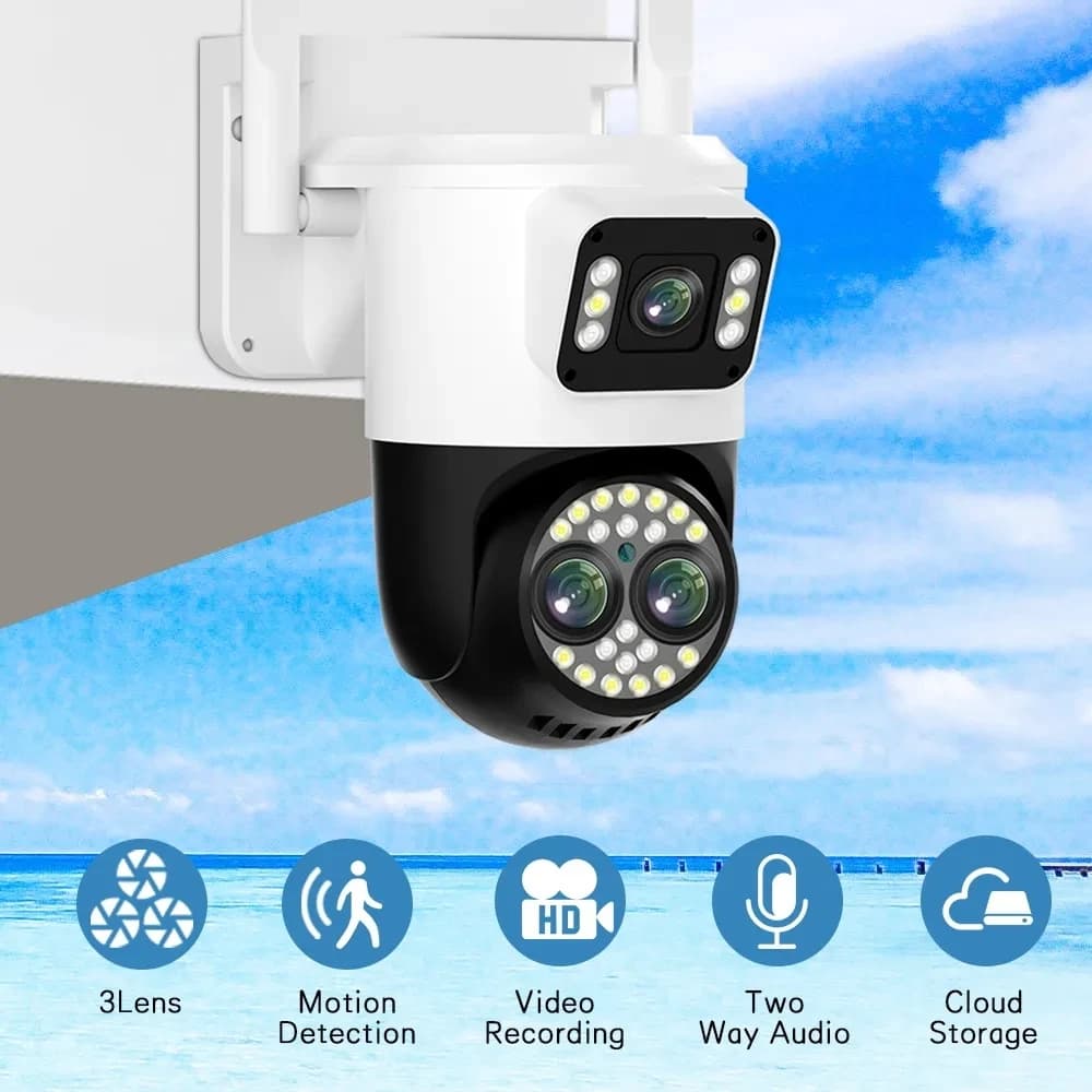 Telecamera IP Dome PTZ 4MP UHD con App Yoosee, Tre Obiettivi, Doppio Schermo, Rilevamento Umanoide AI, Visione a Colori, Interfono CCTV, Baby Monitor