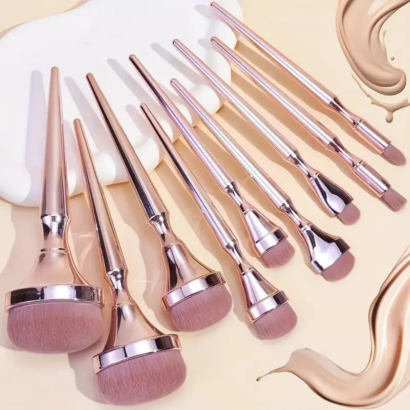 Set of 9-piece pink gold makeup brushes, umbrella, lighter, foundation, concealer, shade brush, soft beauty tool for women
