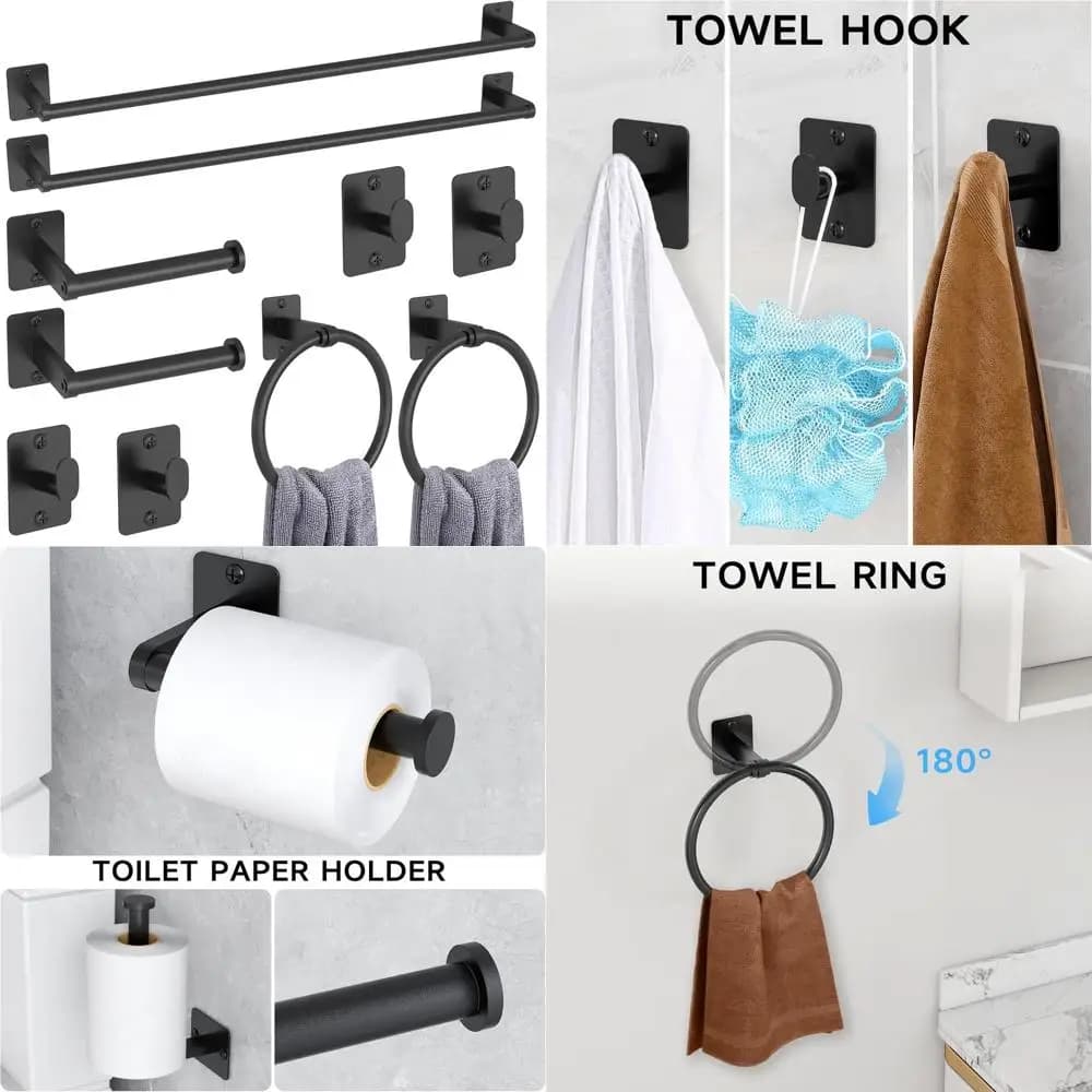 Set completo di accessori da bagno neri da 10 pezzi con portasciugamani, appendiabiti, ganci e porta carta igienica