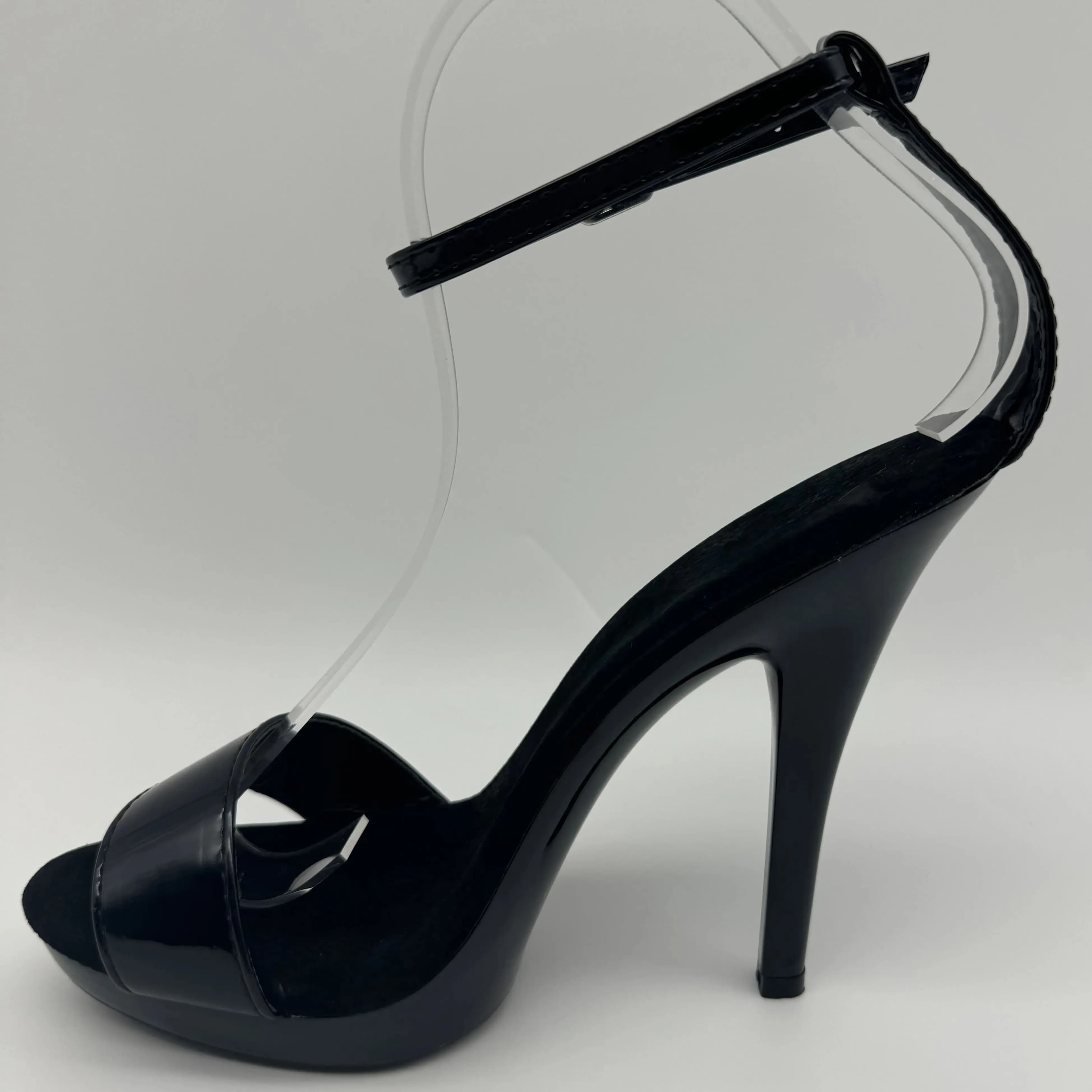 Tacchi a spillo in vernice nera 13 cm - Sandali aperti con cinturino largo con cinturino alla caviglia regolabile e tacchi club con plateau