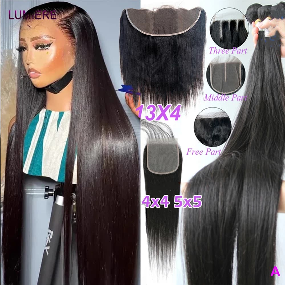Bone smooth human hair band with deep closure in front HD lace 5x5 6x6 HD 18A transparent raw hair bundles with closure