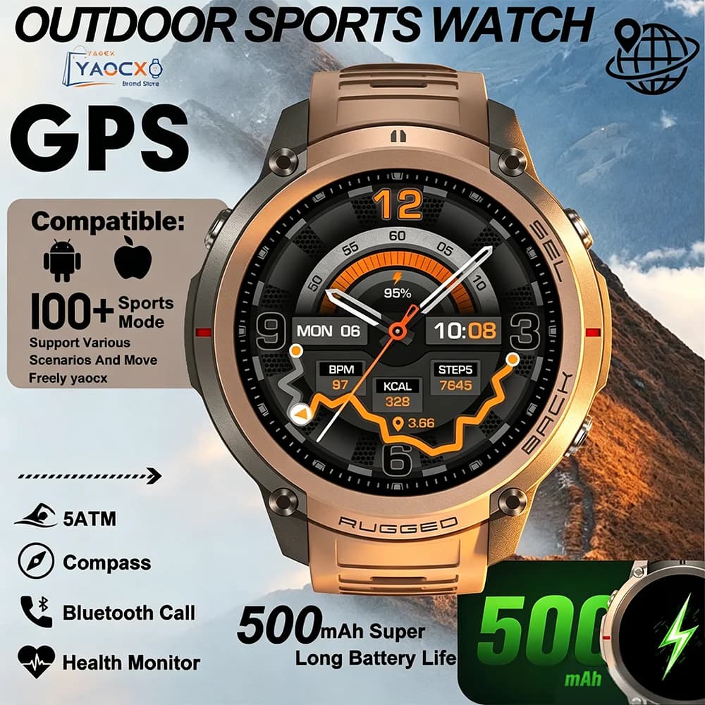 Smartwatch da Uomo per Esterni 2026, Impermeabile di Grado Militare, Posizionamento GPS Globale a Sei Satelliti, Schermo AMOLED HD da 1,43 Pollici