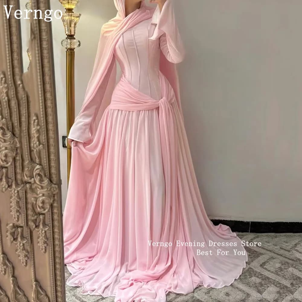Verngo Abito da sera in chiffon rosa/viola con collo alto e maniche lunghe, abito da ballo a sirena plissettato, abiti da festa modesti da donna personalizzati