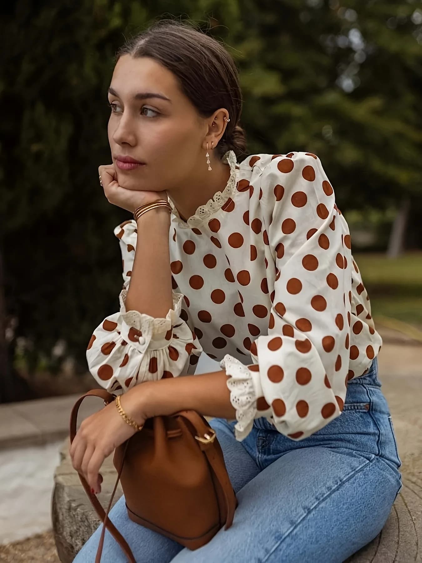 Plus-size Women's Versatile Office Playful Red Polka Dot Top, Lace Panel, Crew Neck Puff Sleeve.
