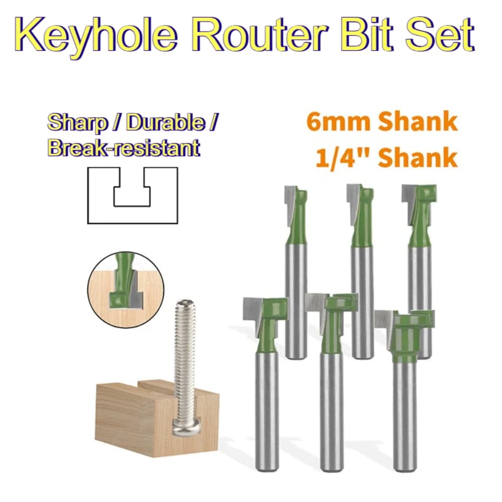 Keyhole Router Bit Set 6mm 1/4" Shank Carbide Tipped Wood Milling Cutter for Picture Hanging Slot Woodworking Trimming Tool