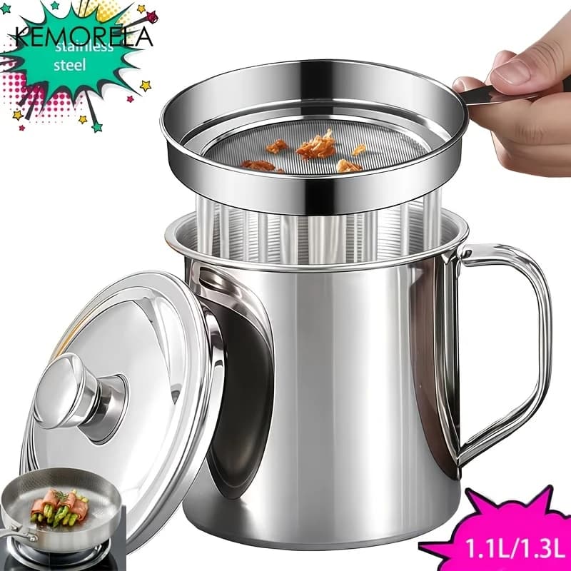 Set Filtro Olio in Acciaio Inox 1.1/1.3L con Coperchio e Colino, Separatore di Grasso Resistente alle Alte Temperature per Filtrare Olio da Cucina