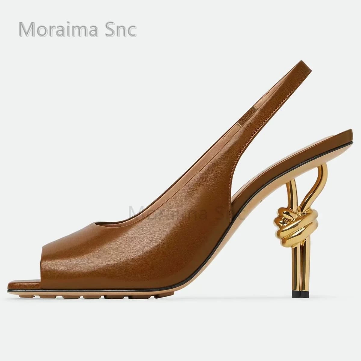 Sandali da donna peep toe con punta quadrata, tacco medio semplice e versatile, nodo sagomato, tacco alto in metallo, slingback