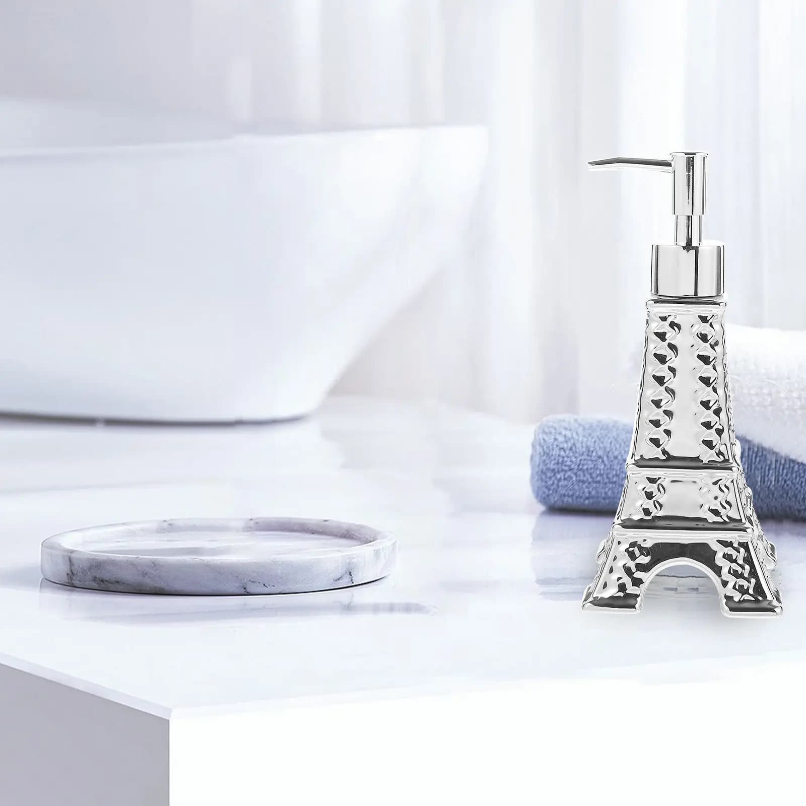 Elegante Dispenser di Sapone a Forma di Torre Eiffel, Ricaricabile, per Lozione Liquida e Shampoo, per Bagno, Cucina, Casa, Hotel