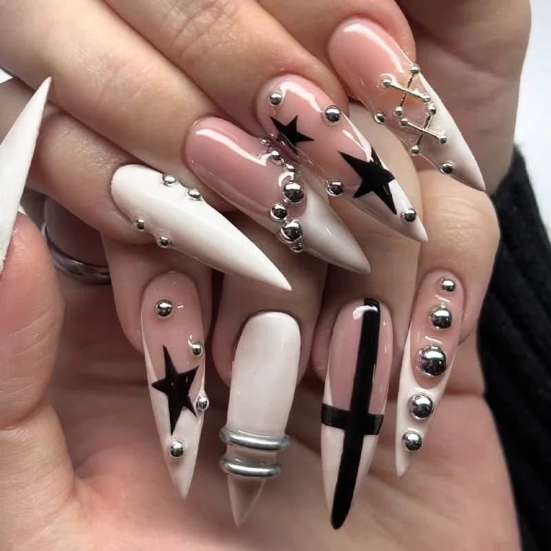 Set of 24 Fine Styled Nails with Star Pattern, French Metal Decorated Tips, Pink Mandorla Press-on Nails for Manicure Ready to Use