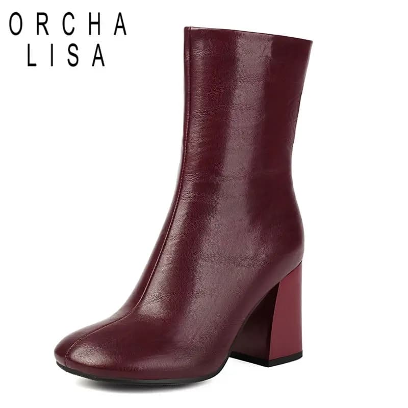 ORCHA LISA Hot Apricot Mid Calf Boots Women Round Toe 8.3cm Block Heels Side Zipper Plus Size 44 45 46 Soft Simplicity Autumn