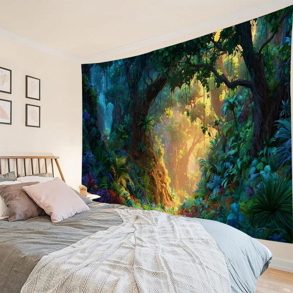 Tappeto Murale Giungla Sognante, Poster Decorativo Cartone Animato, Decorazione per Dormitorio e Camera da Letto, Murale in Tessuto, Lenzuolo, Tappetino da Spiaggia