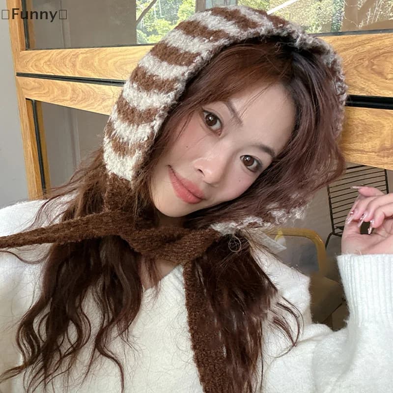 〔Funny〕Small Scarf Women Korean Style Neckband Ear Warmer Dual-Purpose Hat Striped Knitted Wool Versatile Cute Neckband