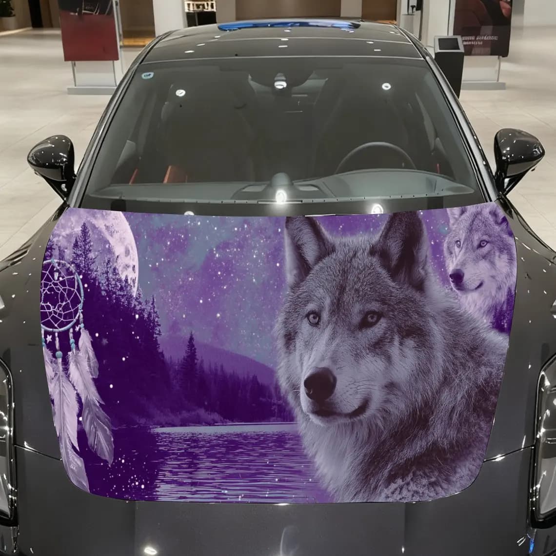 Charming Purple Dreamcatcher Wolf Car Cover Sticker, Auto Hood Decal, Car Exterior Scratch Resistant Decal, Trendy Gift for Car