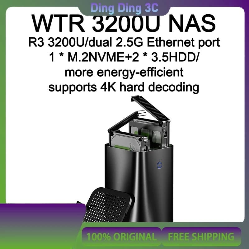 Aoostar WTRR3 AMD R3-3200U Router morbido NAS DDR4 Mini host M.2 NVME Doppia porta Ethernet 2,5G Server di archiviazione personale