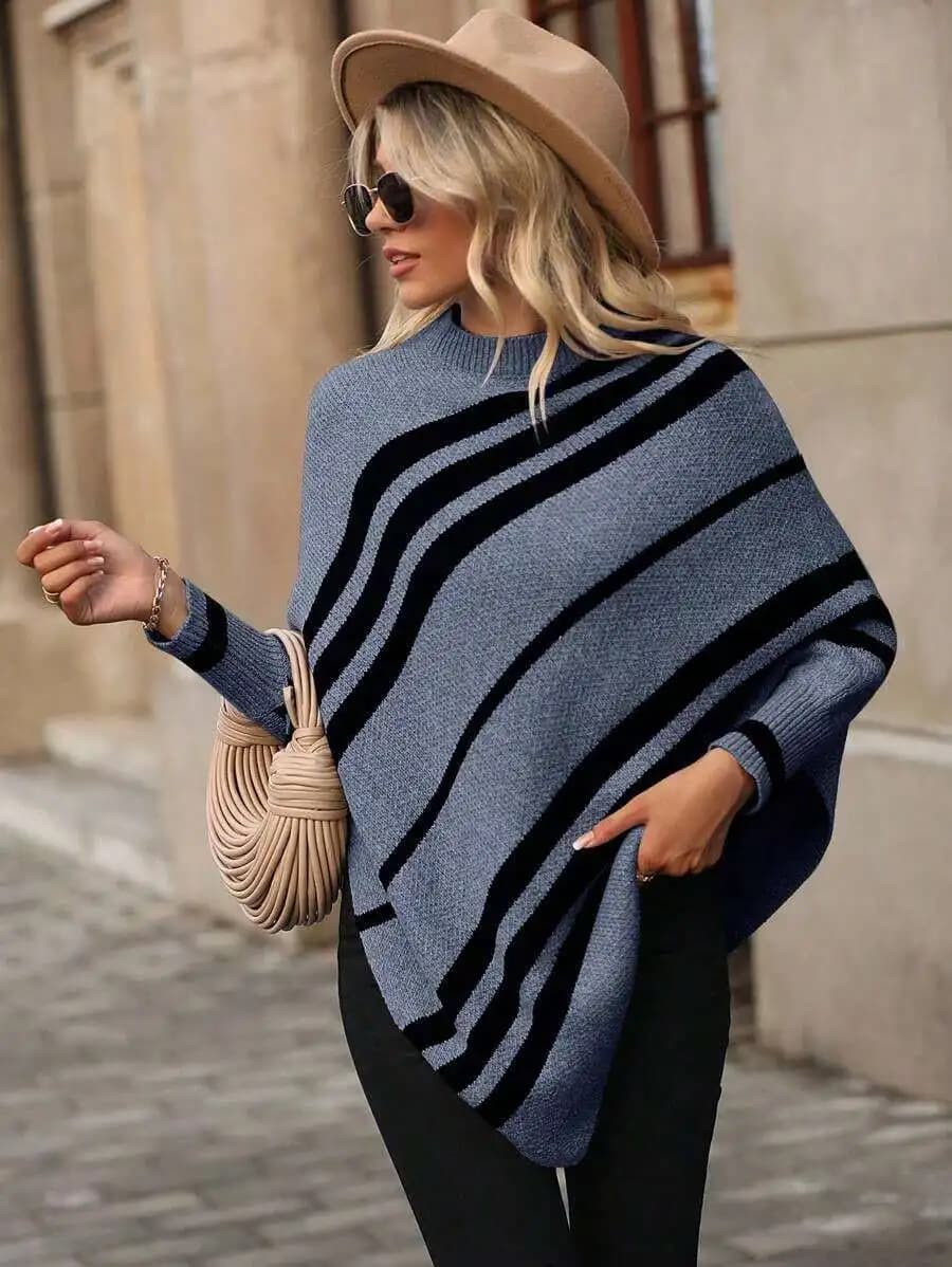 Poncho in Maglia a Righe con Maniche a Pipistrello e Orlo Asimmetrico, Maglione a Maniche Lunghe per Autunno e Inverno