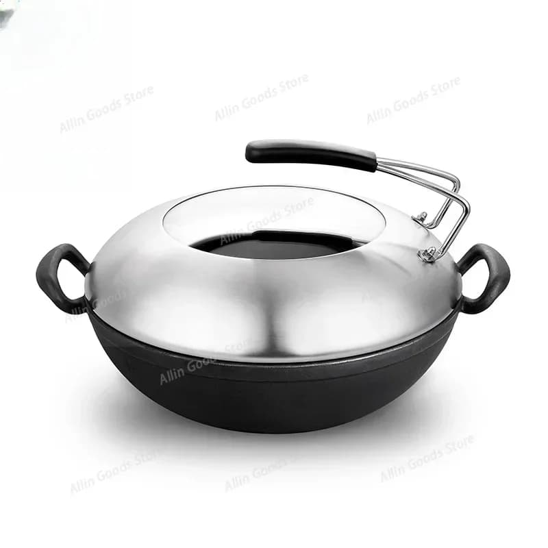 Traditional Old-Fashioned Cast Iron Wok 34cm Non-Stick Frying Pan for Gas and Electric Stoves
