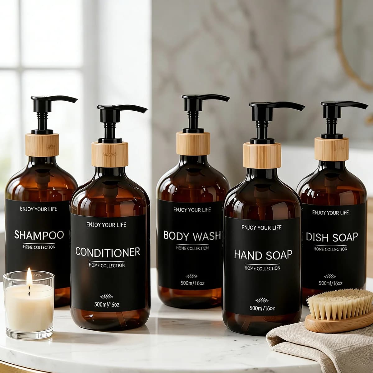 Dispenser di Sapone in Plastica Ambrata Ricaricabile con Pompe in Bambù, Bottiglie Infrangibili per Shampoo, Balsamo, Bagnoschiuma, Sapone per Mani e Piatti