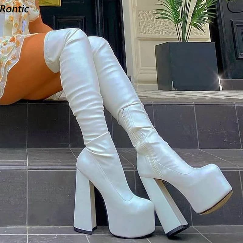 Rontic Stivali da donna primaverili sopra il ginocchio Tacchi grossi impermeabili nascosti Punta tonda Scarpe da festa piuttosto bianche rosse nere Taglia 34 45 47
