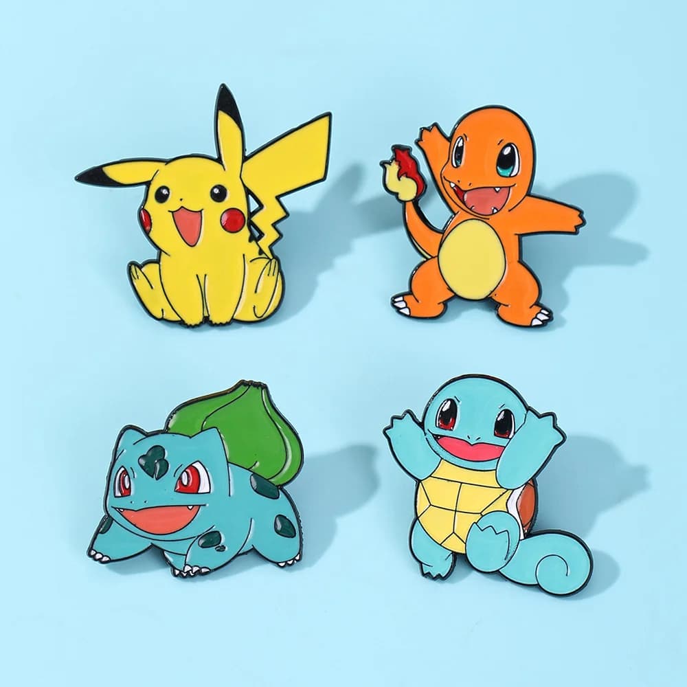 4Pcs Pokemon Enamel Pins Set, Cute Pikachu Charmander Bulbasaur Squirtle Brooches for Backpack Fans Gifts