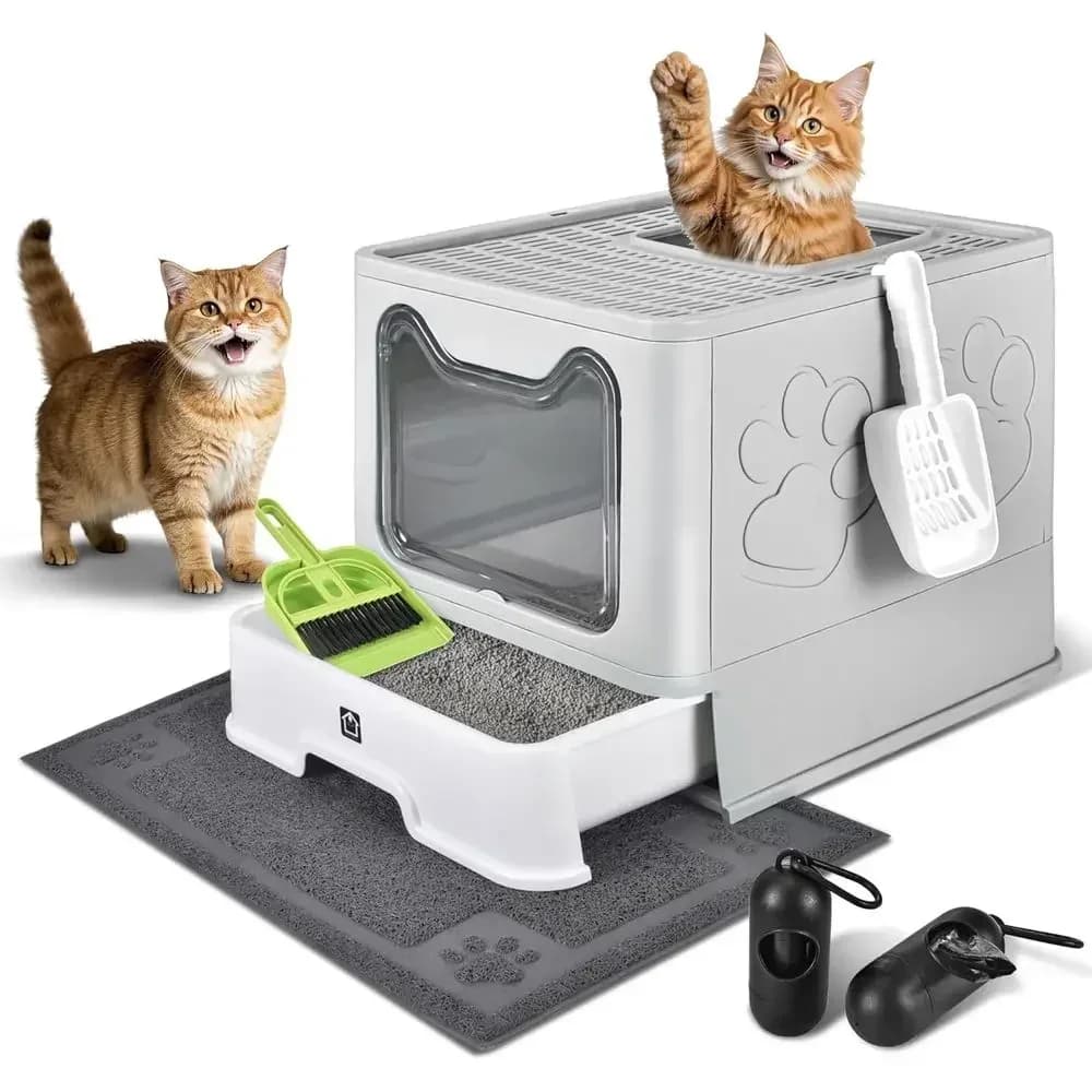 Covered Cat Litter Box, Extra Large Dual Entry, Pale Grey | 13L CAPACITY, ADJUSTABLE DOOR, LEAKPROOF STRUCTURE, CLEANING ACCESSO
