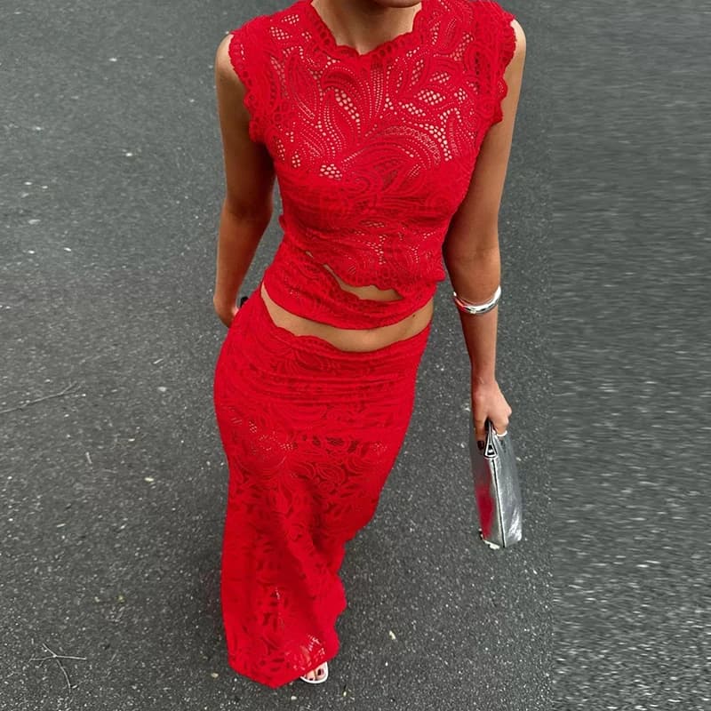 Set rosso sexy in pizzo cavo con fiore a gancio, due pezzi, girocollo, top corto e gonna a coda di pesce, completo da donna, abito da donna sottile primavera estate
