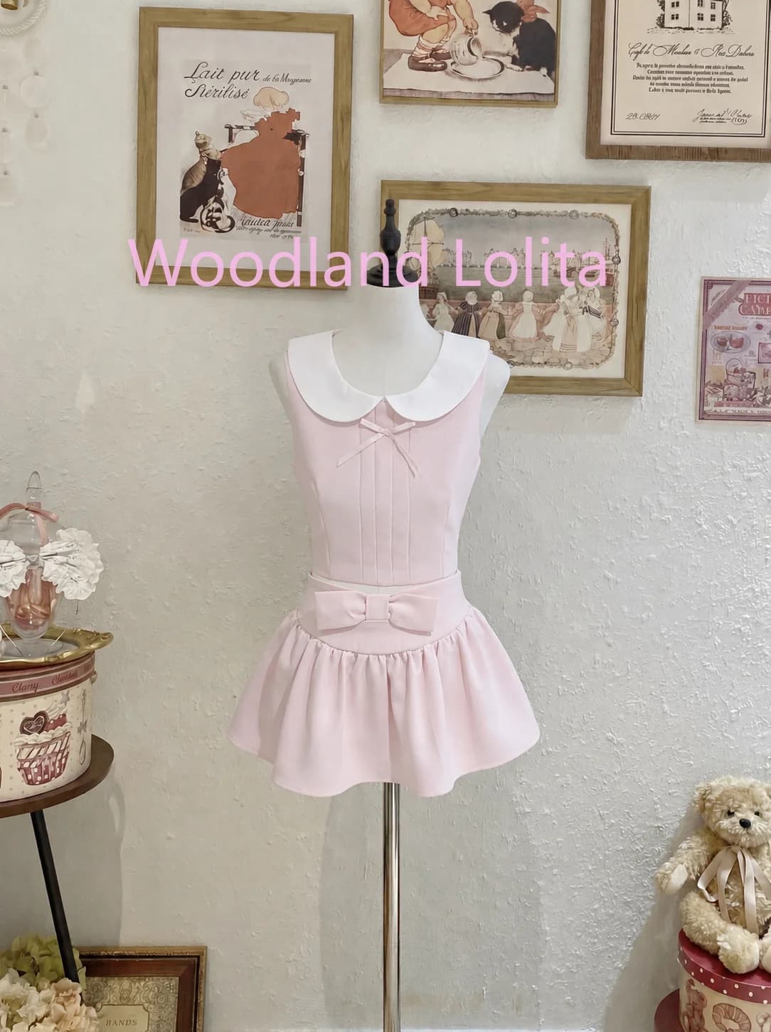 Completo gonna corta due pezzi senza maniche con colletto alla coreana, stile preppy Harajuku, per donna, nuovo, di tendenza, dolce, alla giapponese.