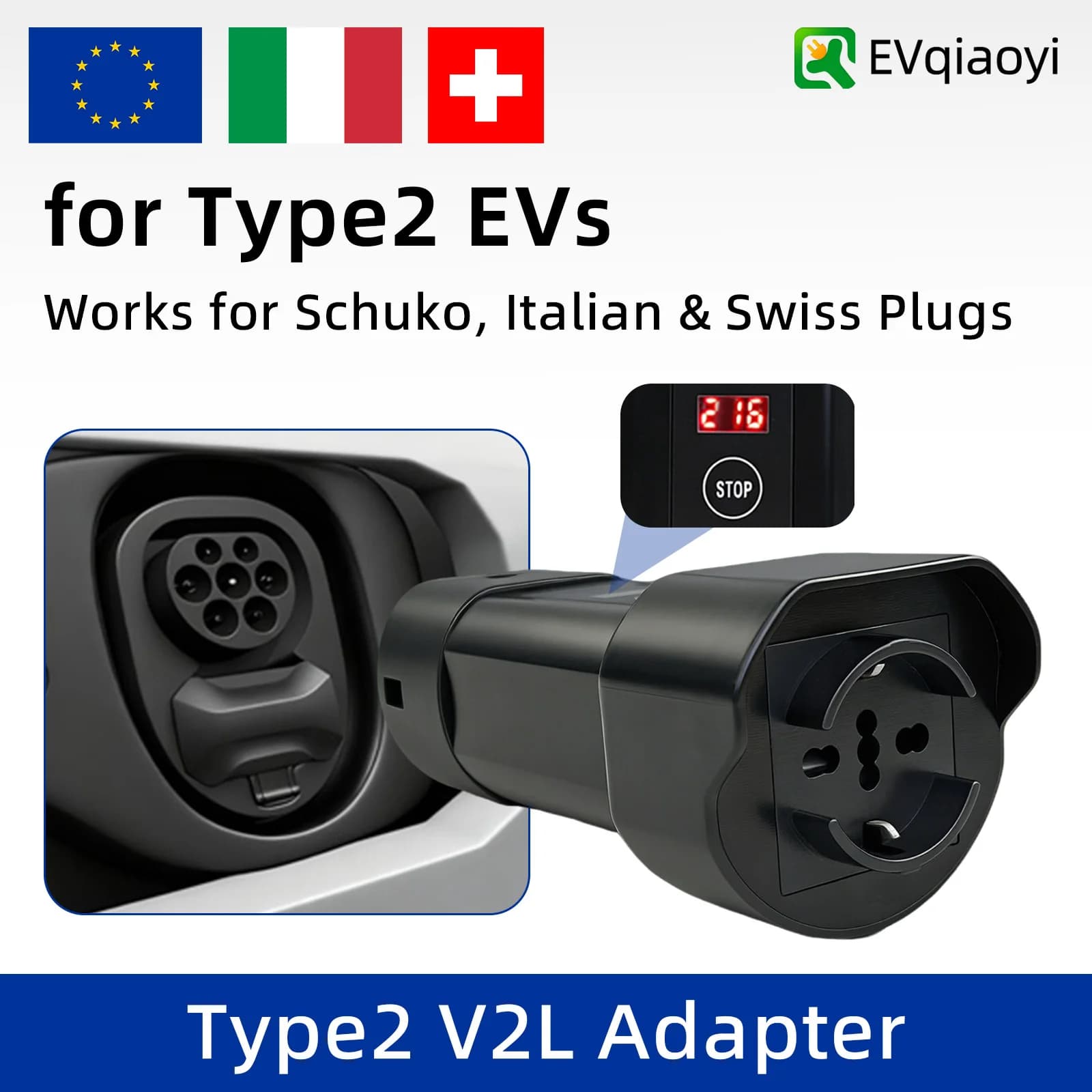 EVqiaoyi Type2 V2L Discharge Adapter with Power‑off Unlock Button, Vehicle‑to‑Load Plug with EU Universal Socket for BYD, Chery