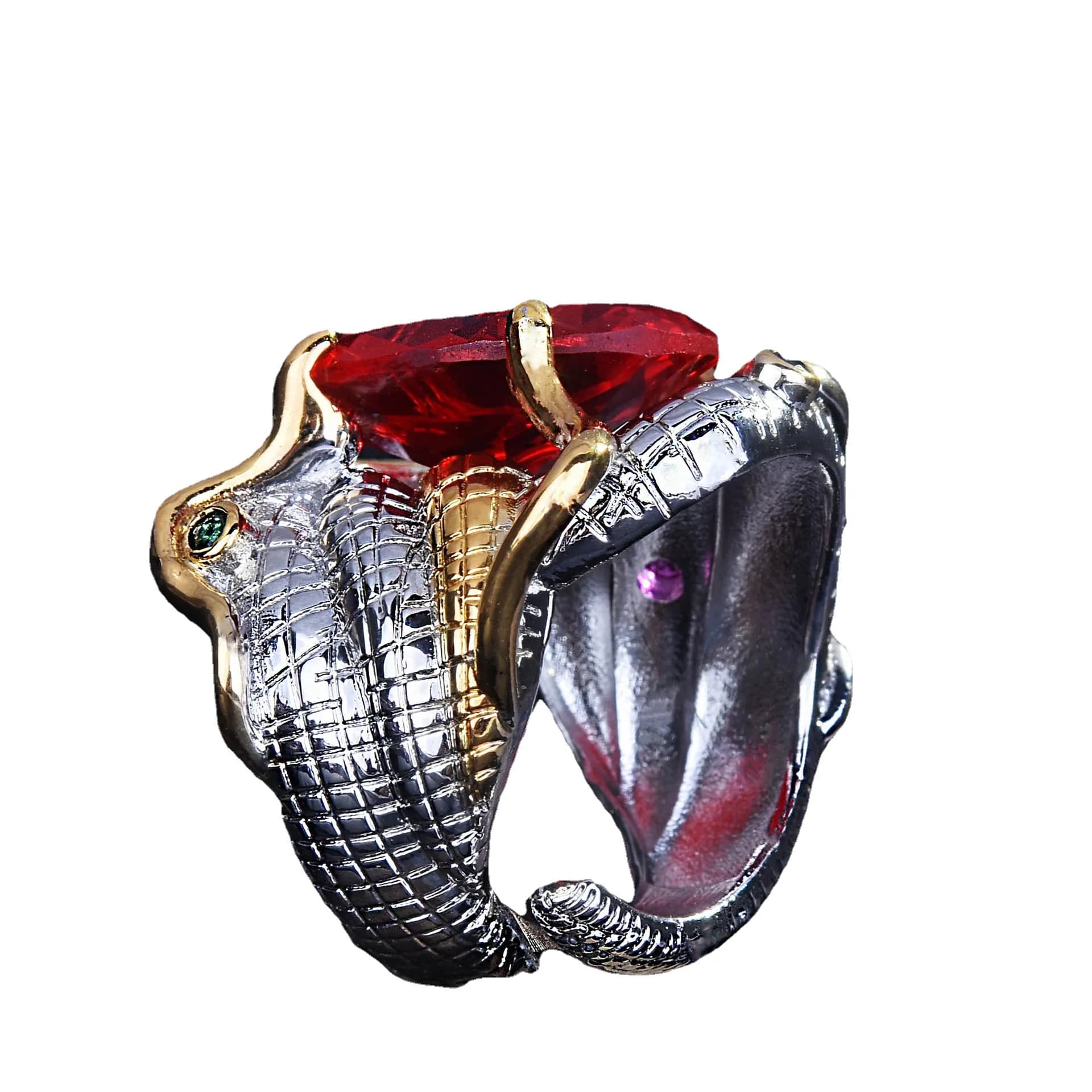 S925 Sterling Silver Vintage Ring Light Luxury Heavy Industry Two Tone Pigeon Blood Ruby Jewelry