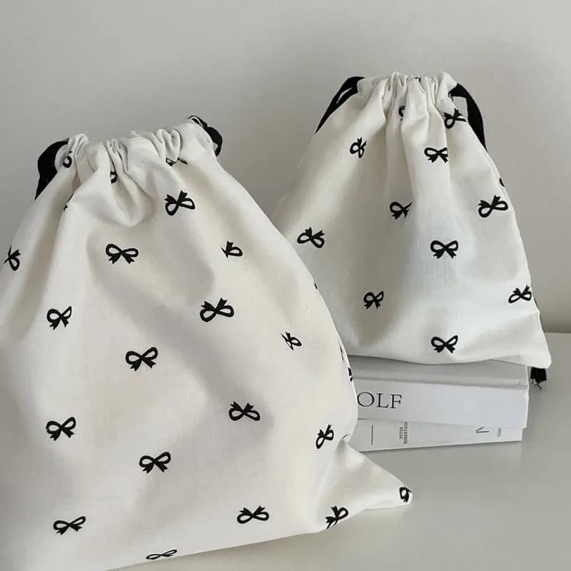 Borsa portaoggetti con coulisse in stile ragazza carina con stampa a fiocco, borsa portatile per studenti, per trasportare oggetti vari, borsa da appendere per organizzare.