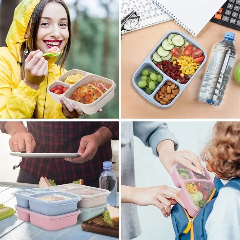 Set di 2 Contenitori per Pranzo Bento con 3 Scomparti, Contenitori per Alimenti in Paglia di Grano, Scatola per Preparazione Pasti, Contenitore in Plastica per Conservazione Alimenti
