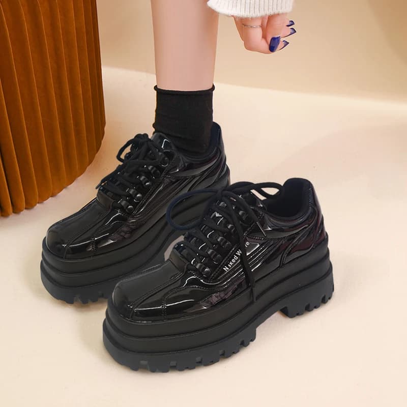 Seasons Scarpe Oxford unisex Piattaforma moda donna Tacco medio Scarpe in pelle nera Scarpe con suola spessa che aumentano l'altezza Tacchi casual