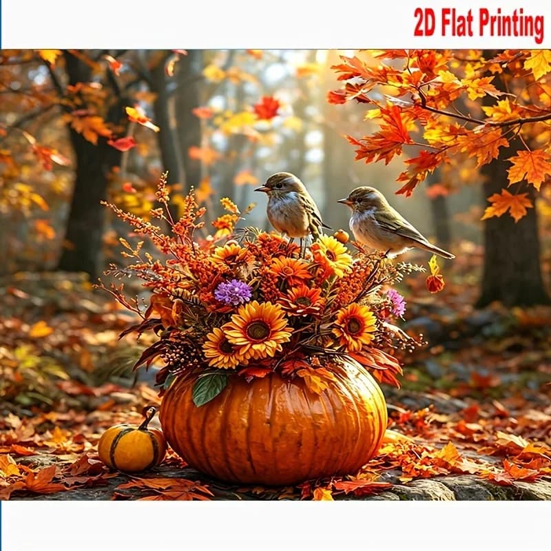 Professional Art Use 2D Flat, 1 Set of Adult DIY Paint by Numbers Kit, "Autumn Scene with Pumpkin and Bird", Includes Acrylic Pa