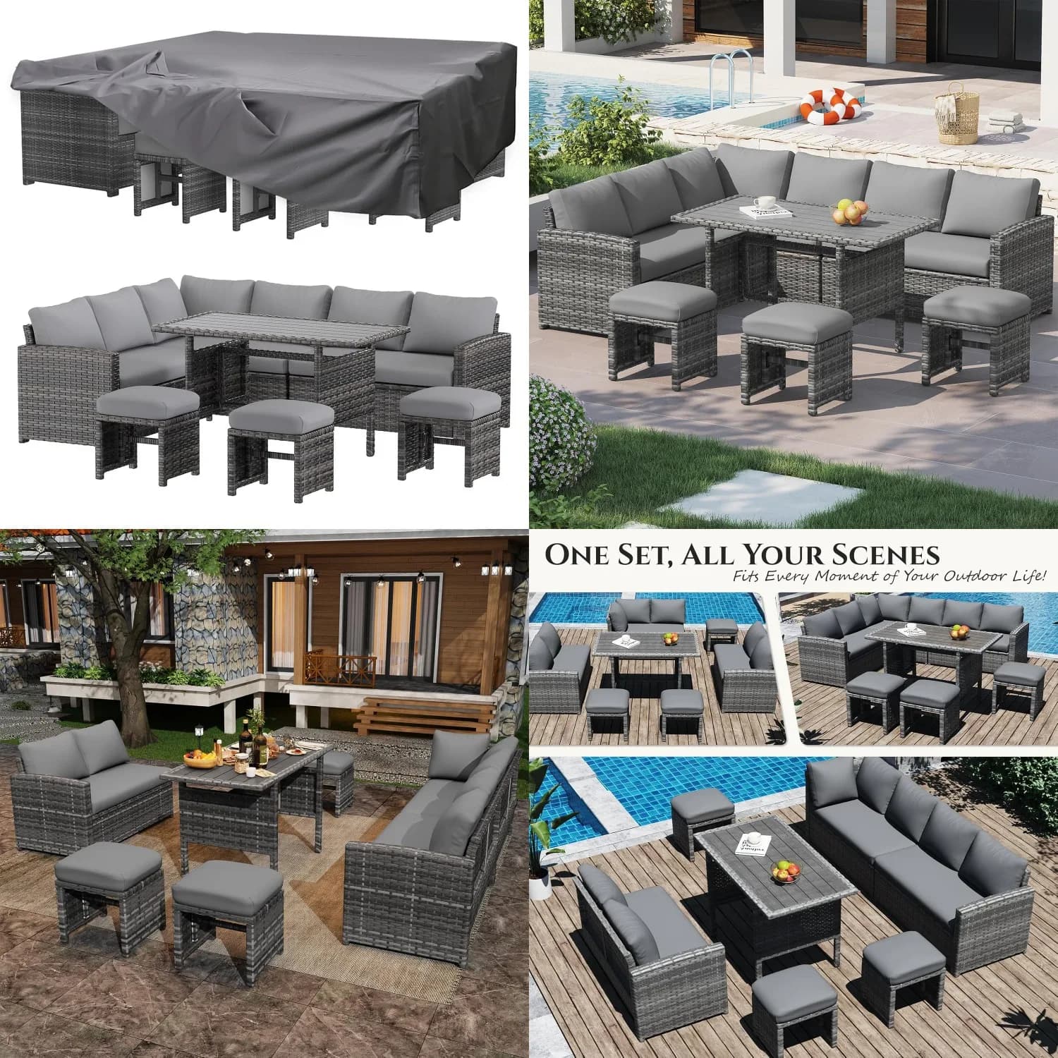 Set da Patio 7 Pezzi con Copertura Impermeabile, Divano Sezionale in Wicker per Tutte le Stagioni, Tavolo da Pranzo, Sedie, Pouf, Cuscini Grigi, Personalizzabile