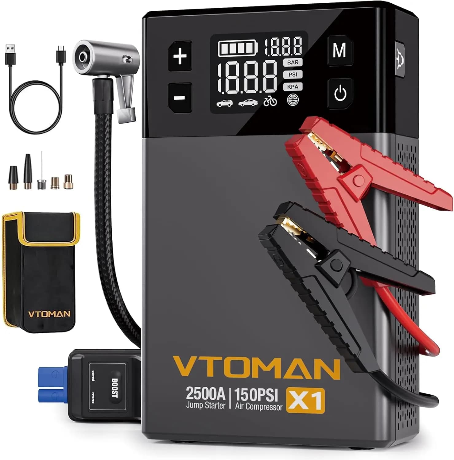 Avviatore di emergenza X1 con compressore d'aria, amplificatore per batteria per auto portatile da 2500 A (gonfiatore da 150 PSI, litio da 12 V)
