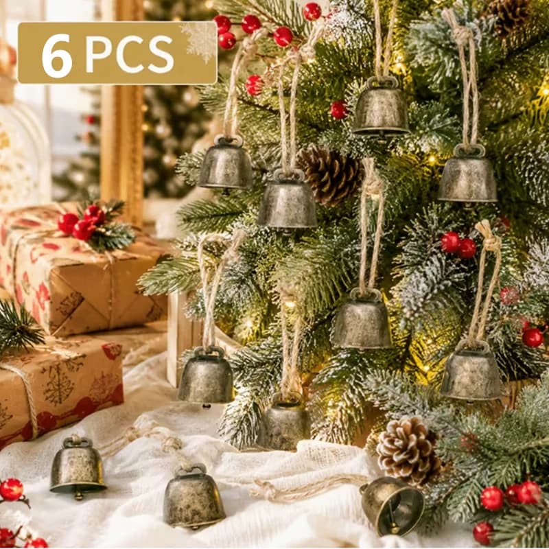 6pcs Retro metal Christmas decoration bells, with hemp rope, can be used as wind chimes or dog collars, for Christmas decoration
