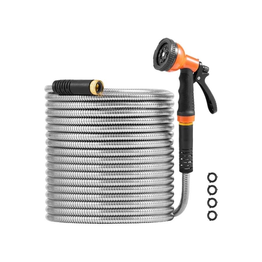 Tubo da Giardino in Acciaio Inossidabile da 15 Metri per Prato e Giardino, Design Flessibile, Anti-Groviglio, Leggero con Ugello Spray a 10 Funzioni