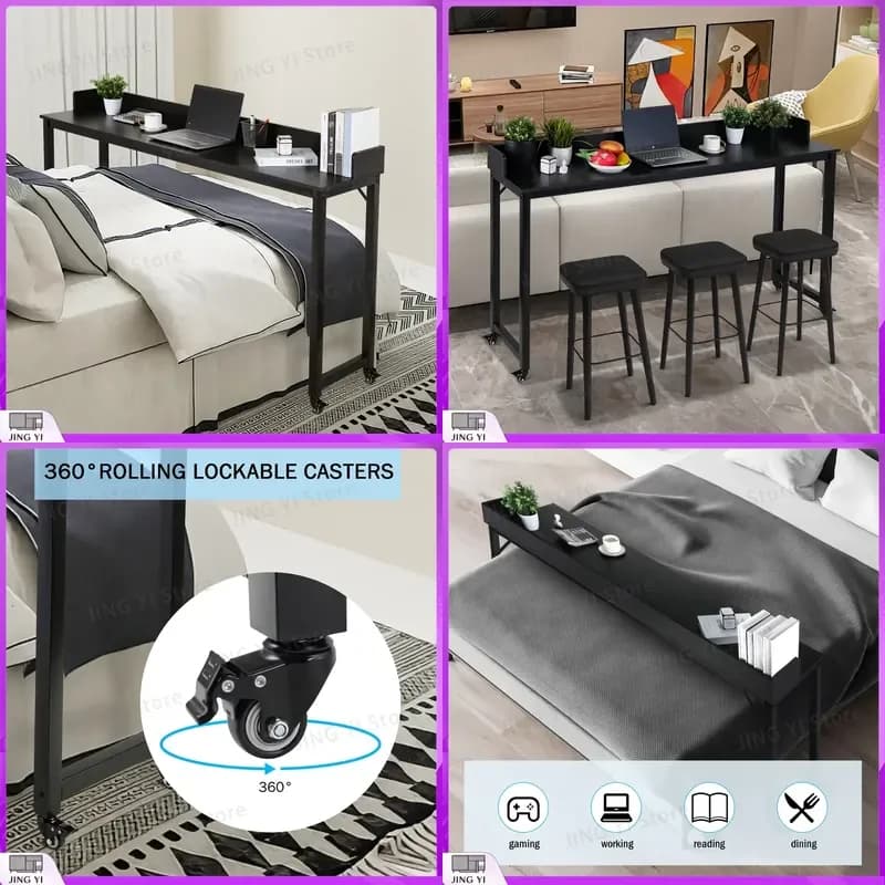 Overbed Table with Wheels for Full Queen Bed Frame Mobile Computer Desk Standing Workstation Laptop Cart Adjustable Height