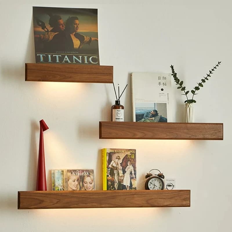 Mensola a Muro in Legno Massello, Organizzatore Galleggiante per Riviste, per Soggiorno e Camera da Letto, Espositore con Luce LED, Decorazione e Contenitore