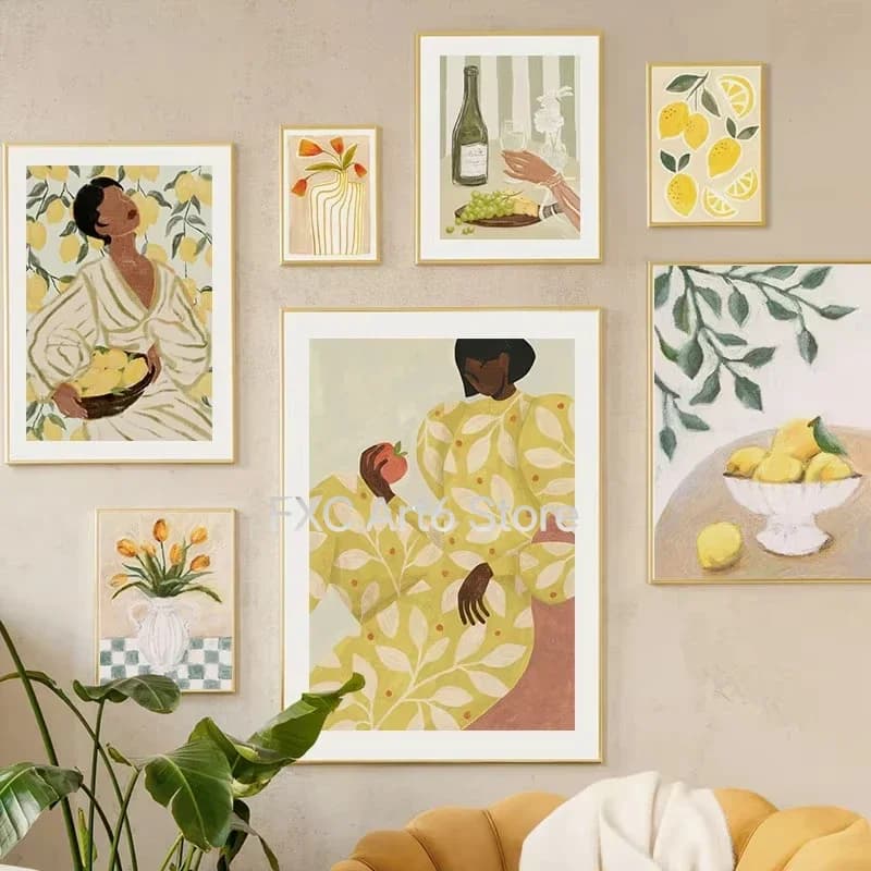 1 Pezzo Quadro Senza Cornice Retro Ragazza in Pigiama Fiori di Limone Vaso Astratto Poster e Stampe da Galleria Quadri su Tela per Soggiorno