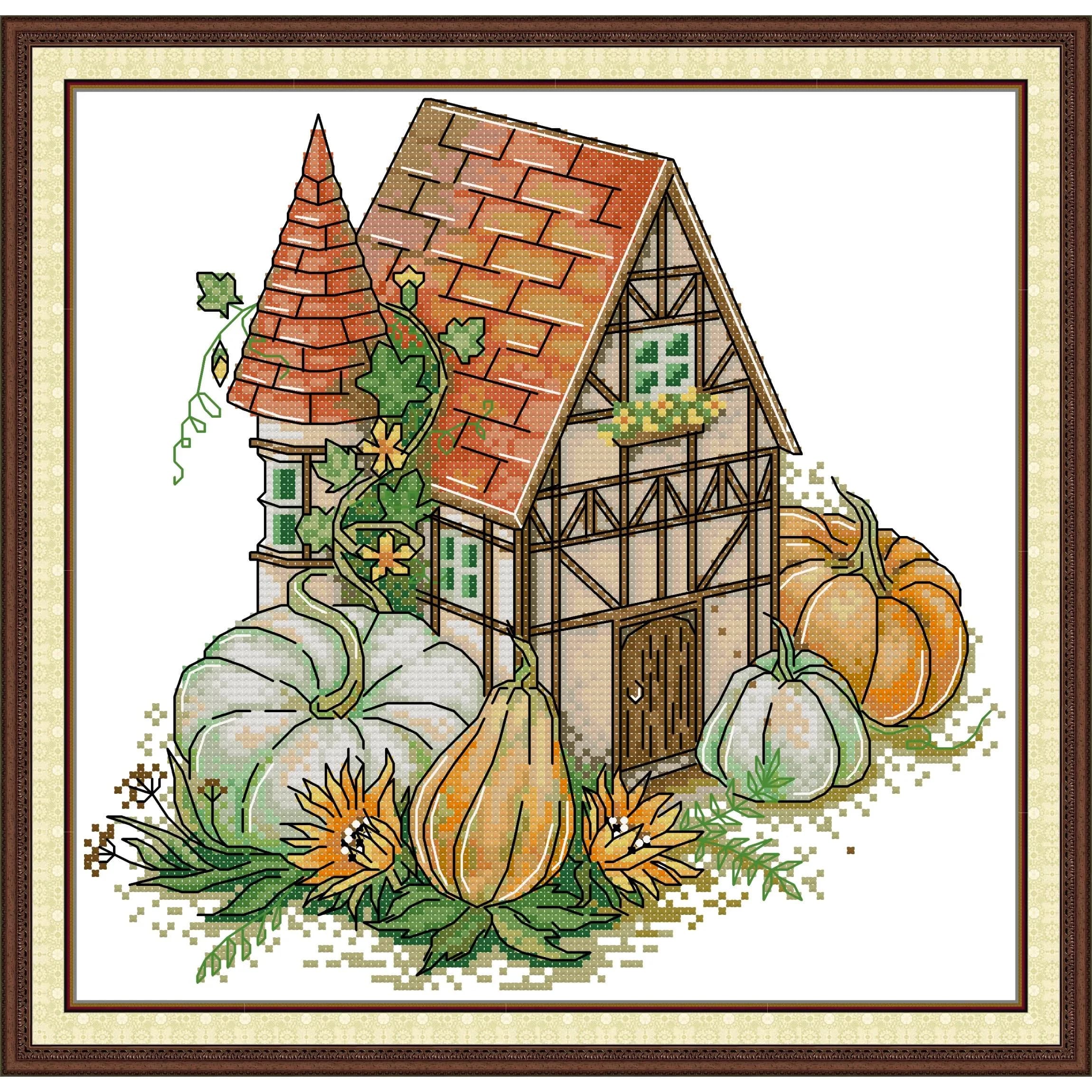 Joy Sunday News Pre-Printed Cross Stitch Kit, Stamped Aida Fabric with DMC Threads, Embroidery Kit - Autumn Lodge