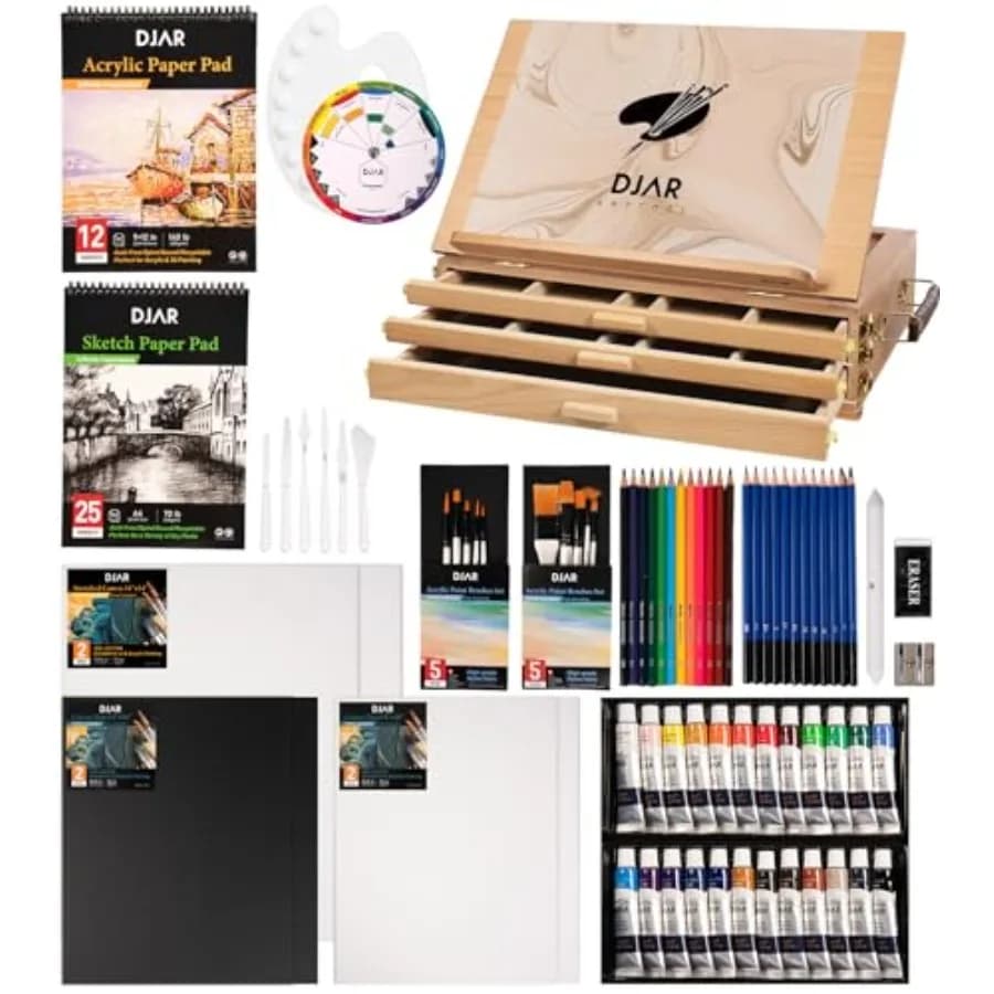 87 pcs Acrylic Paint Set with 3 Drawer Storage, 24 Colors of Acrylic Paint, Sketch Book, Paints and Pads, Art Supplies Kit for