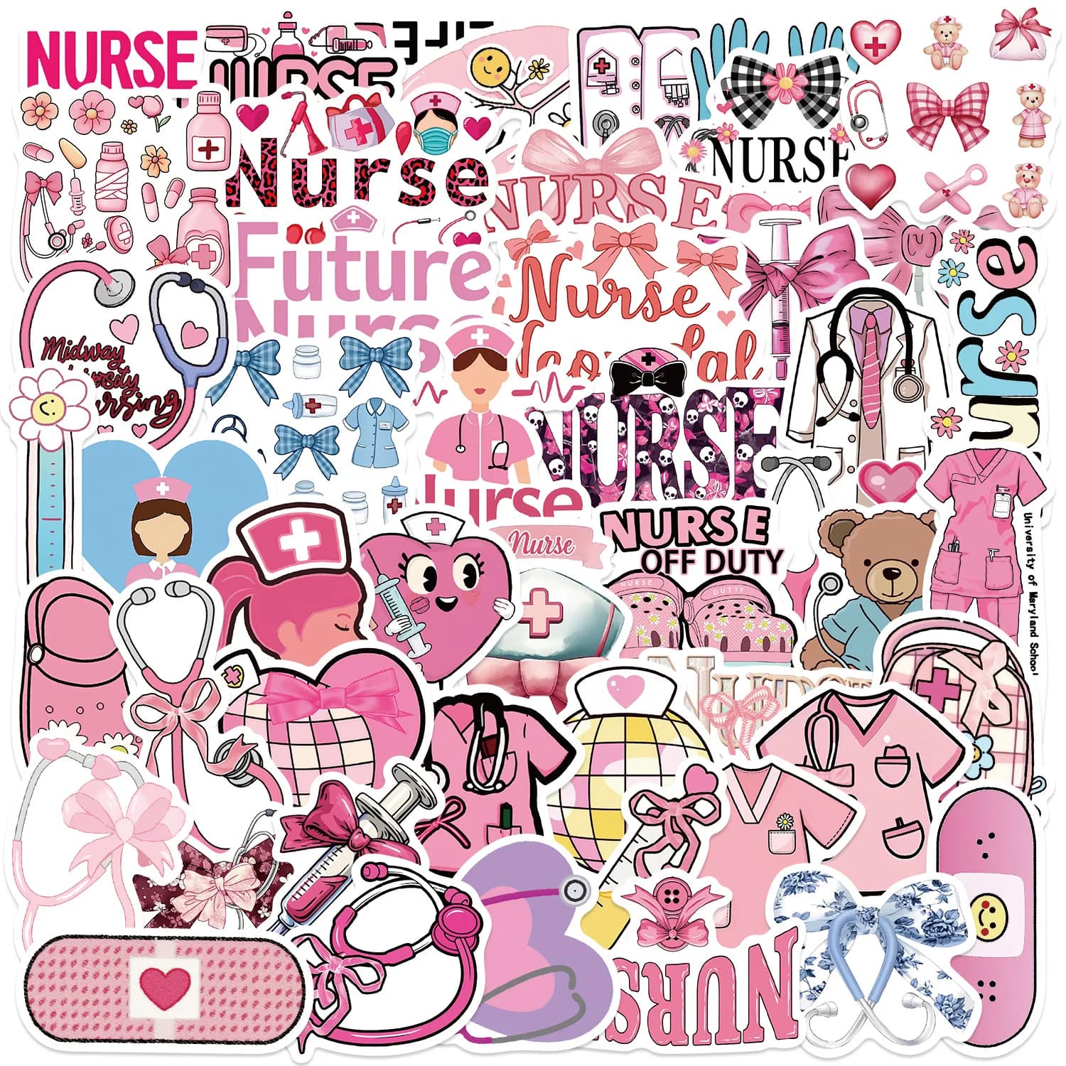 50 PCS Pink Bow Nurse's Day Graffiti Stickers Guitar Notebook Stationary Box Luggage DIY Waterproof Decoration Stickers