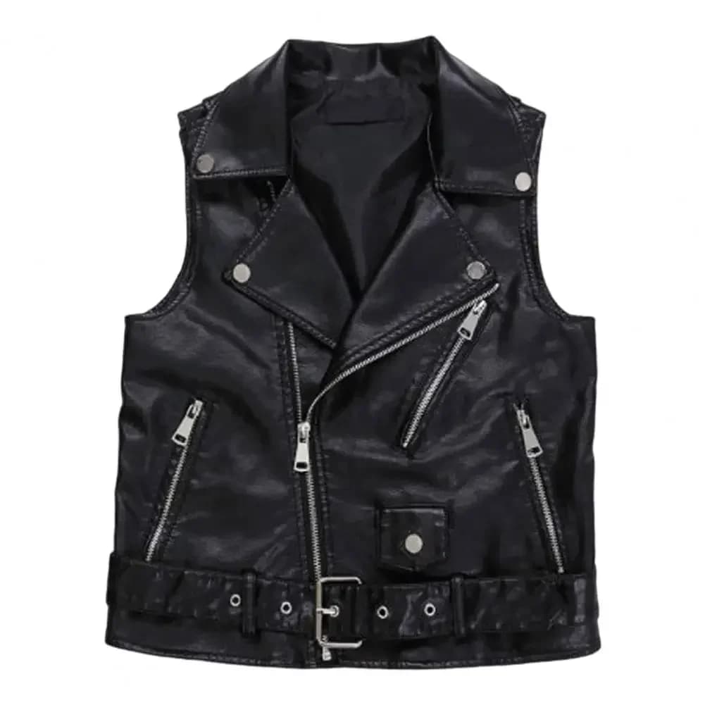 Gilet decorativo con cintura Cappotto Gilet elegante da donna in ecopelle con colletto rovesciato con cintura Tasche con cerniera Retro per i pendolari